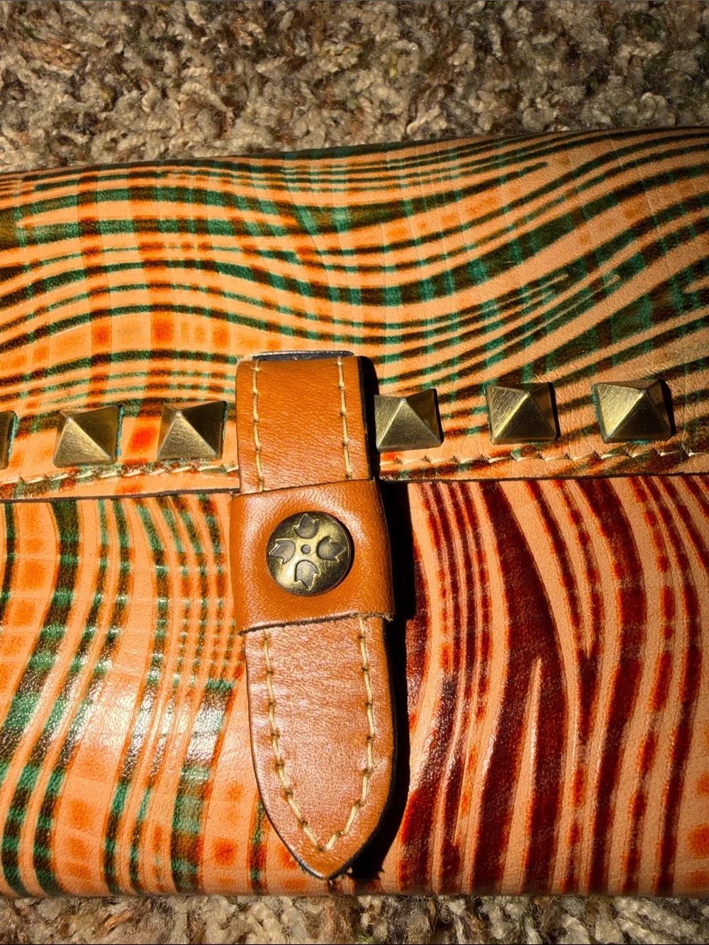 Patricia Nash Multicolor Striped Studded Leather Wallet in Orange, Green & Brown